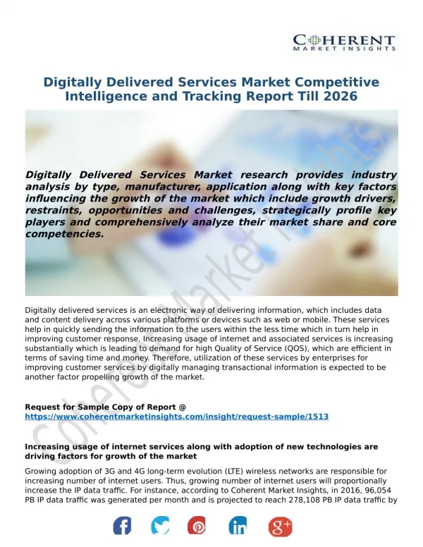 Digitally Delivered Services Market, 2018-2026 – Market Estimate, Competitive Landscape, Industry Size: Coherent Marke