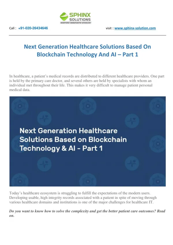 NEXT GENERATION HEALTHCARE SOLUTIONS BASED ON BLOCKCHAIN TECHNOLOGY AND AI – PART 1