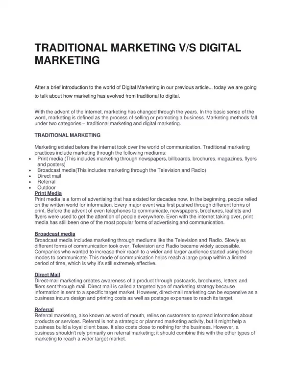 Traditional Marketing v/s Digital Marketing