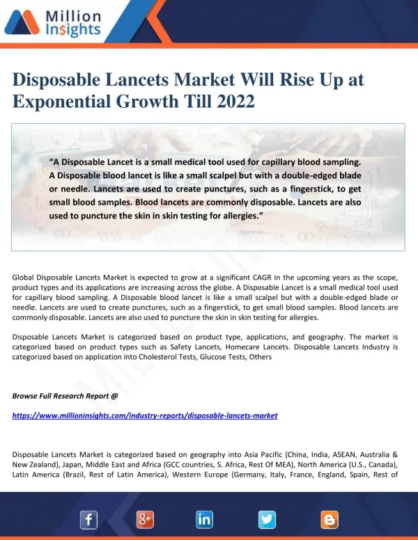 Disposable Lancets Market Will Rise Up at Exponential Growth Till 2022