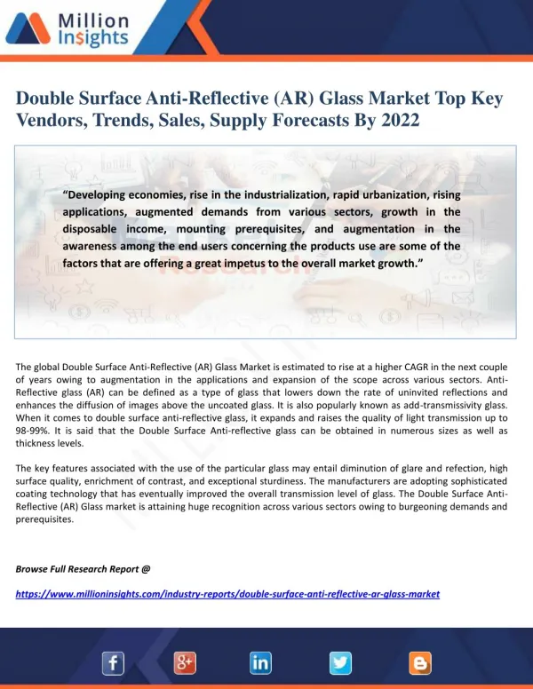 Double Surface Anti-Reflective (AR) Glass Market Top Key Vendors, Trends, Sales, Supply Forecasts By 2022
