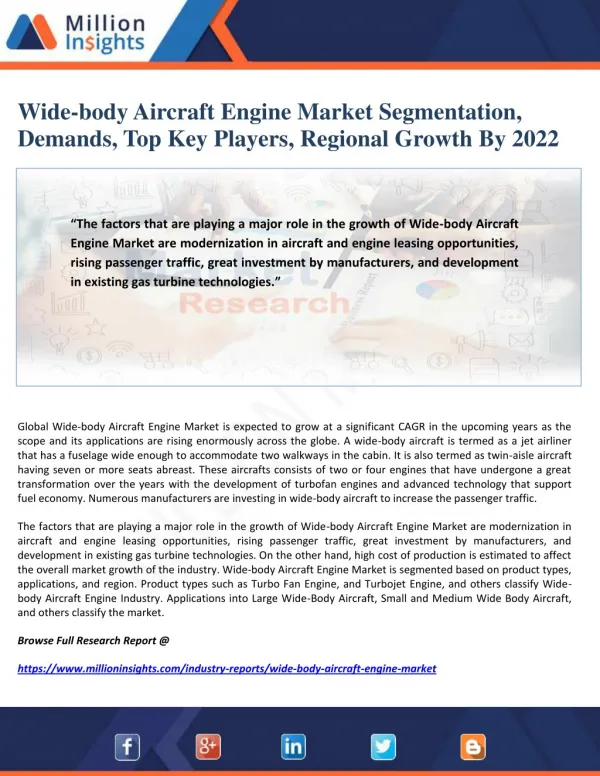 Wide-body Aircraft Engine Market Segmentation, Demands, Top Key Players, Regional Growth By 2022