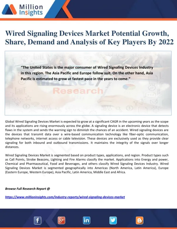 Wired Signaling Devices Market Potential Growth, Share, Demand and Analysis of Key Players By 2022