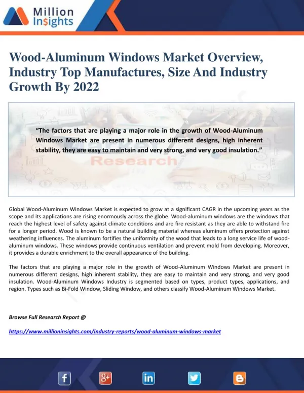 Wood-Aluminum Windows Market Overview, Industry Top Manufactures, Size And Industry Growth By 2022