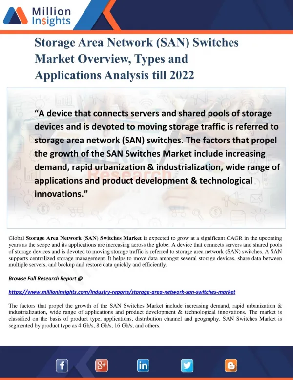 Storage Area Network (SAN) Switches Market Overview, Types and Applications Analysis till 2022