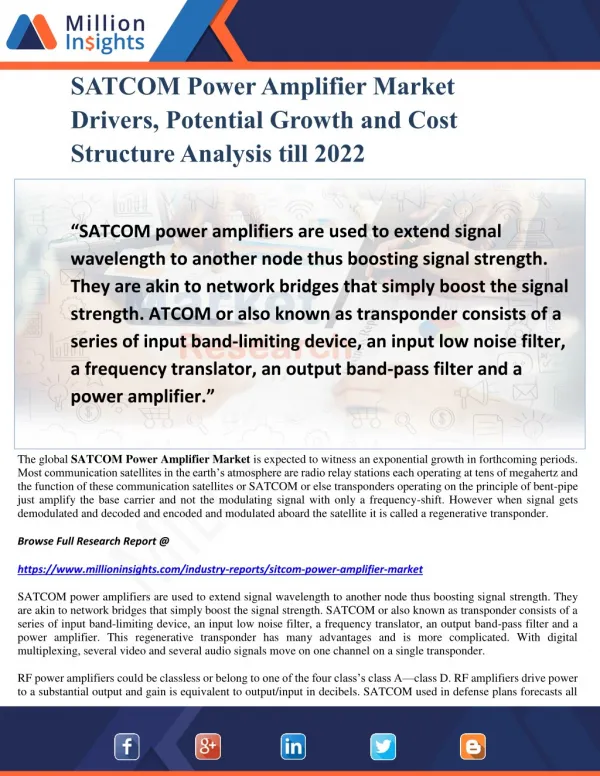 SATCOM Power Amplifier Market Drivers, Potential Growth and Cost Structure Analysis till 2022