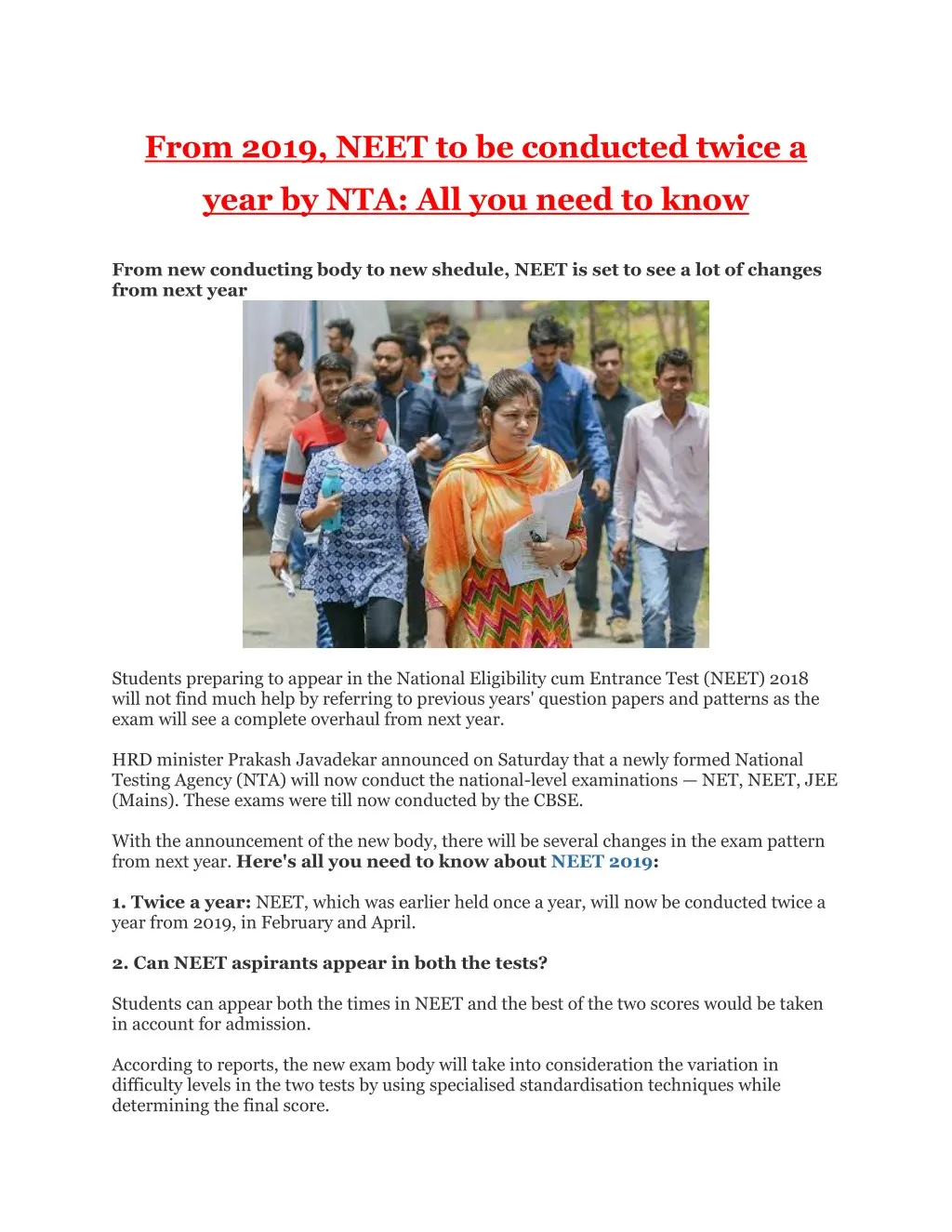 from 2019 neet to be conducted twice a