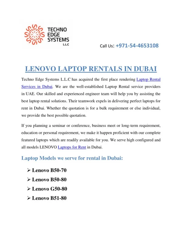 LENOVO Laptop Rentals in Dubai