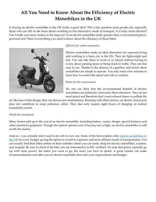 All You Need to Know About the Efficiency of Electric Motorbikes in the UK