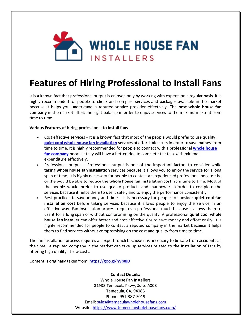 features of hiring professional to install fans