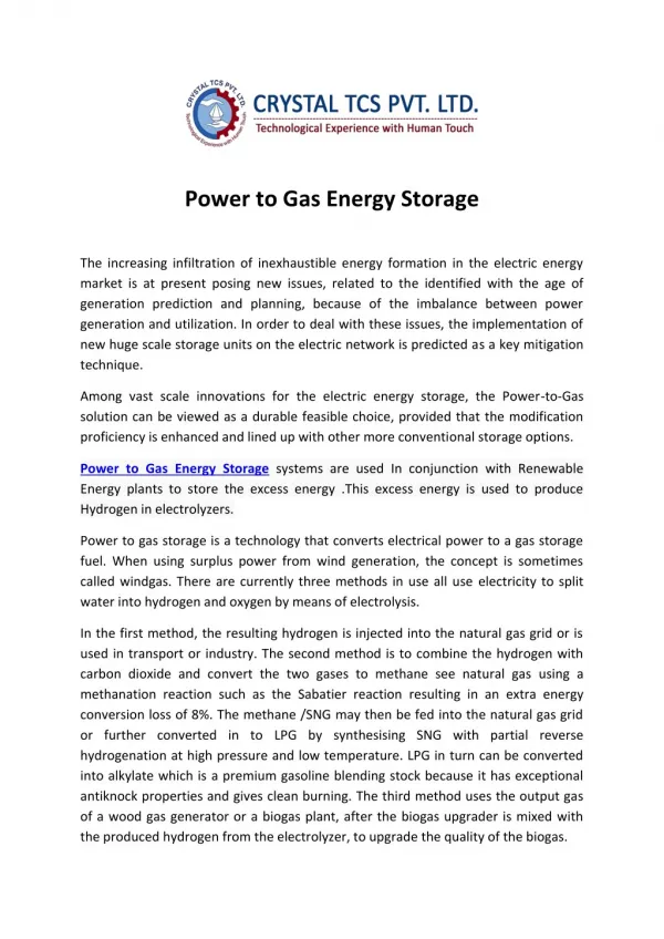 Power to Gas Energy Storage