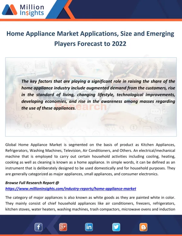 Home Appliance Market Applications, Size and Emerging Players Forecast to 2022