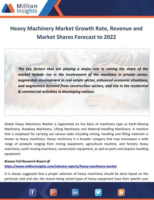 Heavy Machinery Market Growth Rate, Revenue and Market Shares Forecast to 2022