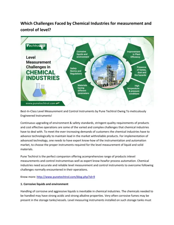 Which Challenges Faced by Chemical Industries for measurement and control of level?