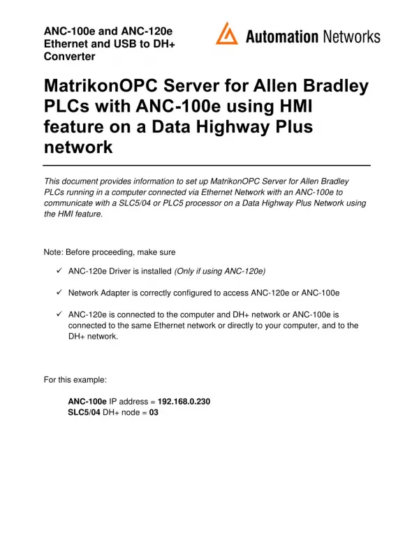 Automation Networks ANC-100e: Matrikon OPC server Ethernet/IP to SLC 5/04s & PLC-5s on ABâ€™s DH