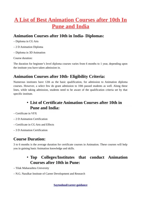 A List of Best Animation Courses after 10th In Pune and India