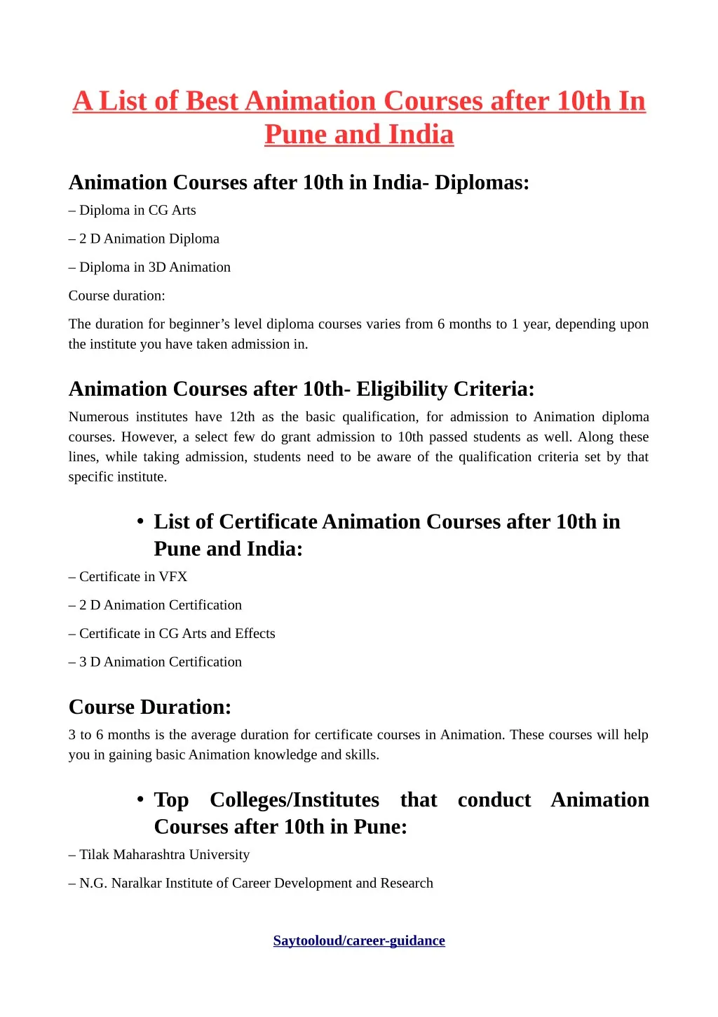 a list of best animation courses after 10th
