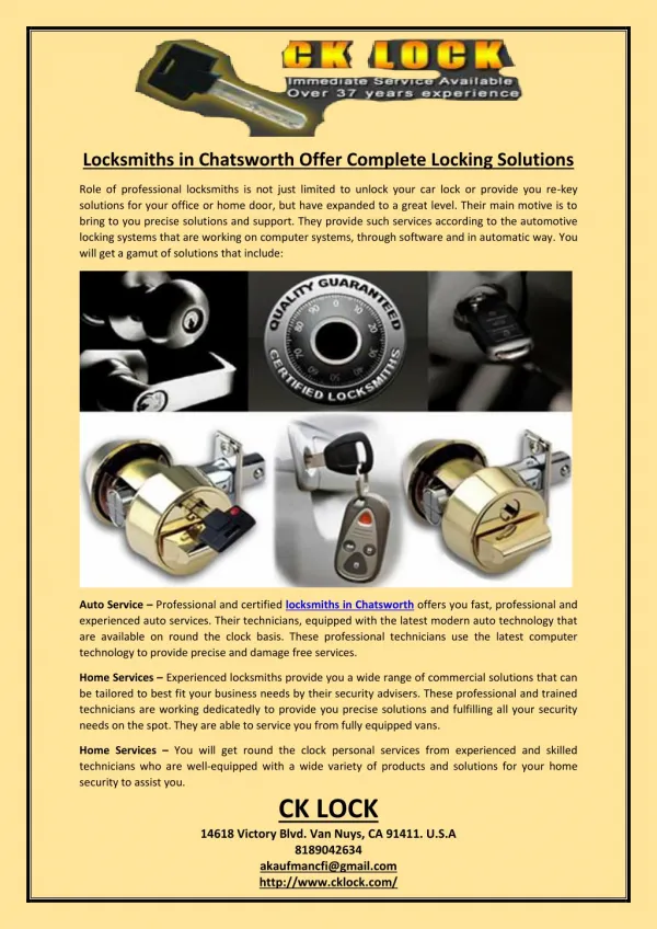 Locksmiths in Chatsworth Offer Complete Locking Solutions