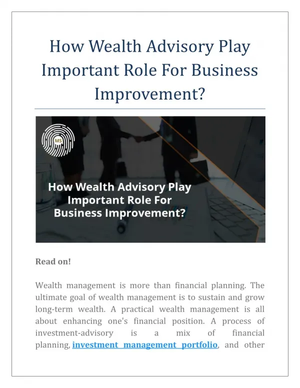 How Wealth Advisory Play Important Role For Business Improvement?