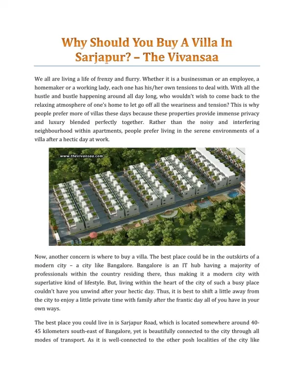 Why Should You Buy A Villa In Sarjapur? - The Vivansaa