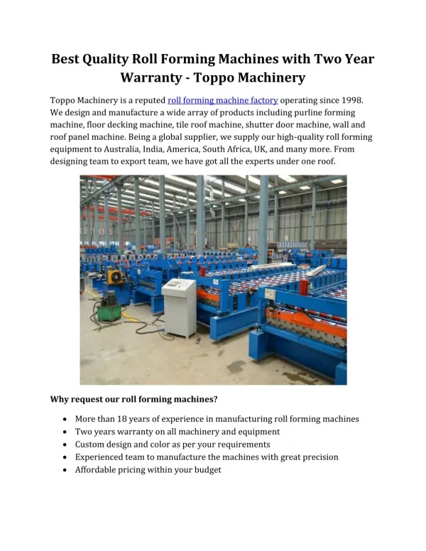 Best Quality Roll Forming Machines with Two Year Warranty |Toppo Machinery