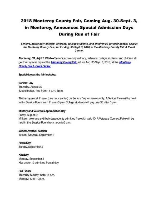 2018 Monterey County Fair, Coming Aug. 30-Sept. 3, in Monterey, Announces Special Admission Days During Run of Fair
