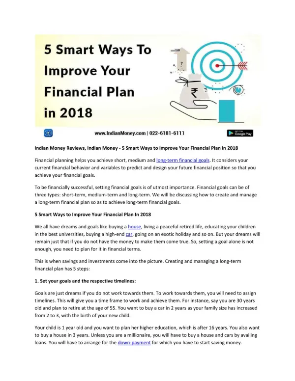 Indian Money Reviews, Indian Money - 5 Smart Ways to Improve Your Financial Plan in 2018