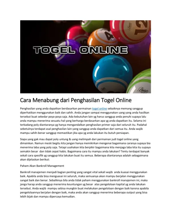 Cara Menabung dari Penghasilan Togel Online