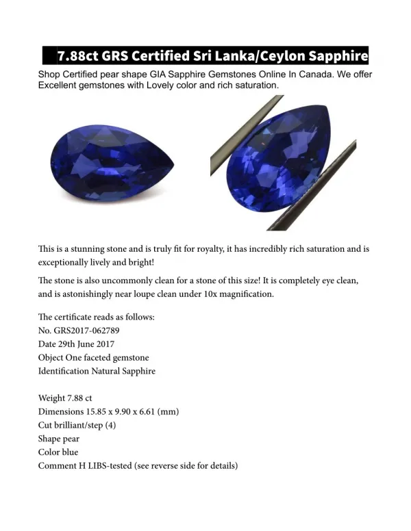7.88ct GRS Certified Sri Lanka/Ceylon Sapphire