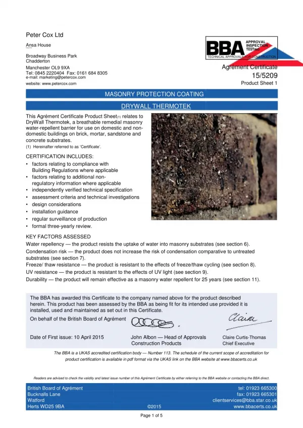 Peter Cox - Waterproofing Brickwork Certificate