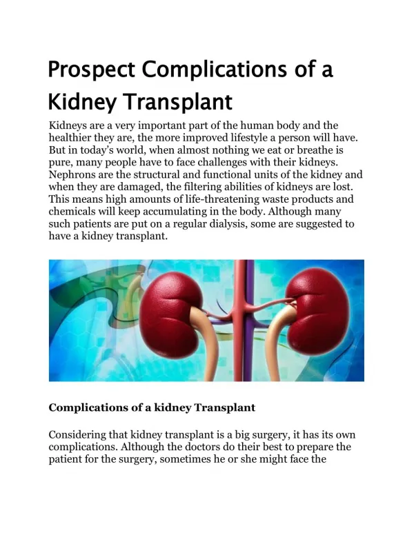 Prospect Complications of a Kidney Transplant