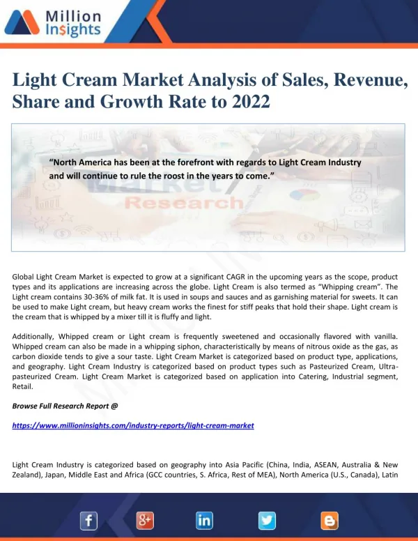 Light Cream Market Analysis of Sales, Revenue, Share and Growth Rate to 2022