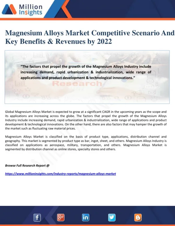 Magnesium Alloys Market Competitive Scenario And Key Benefits & Revenues by 2022