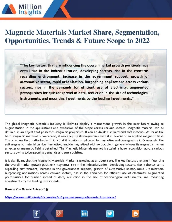 Magnetic Materials Market Share, Segmentation, Opportunities, Trends & Future Scope to 2022