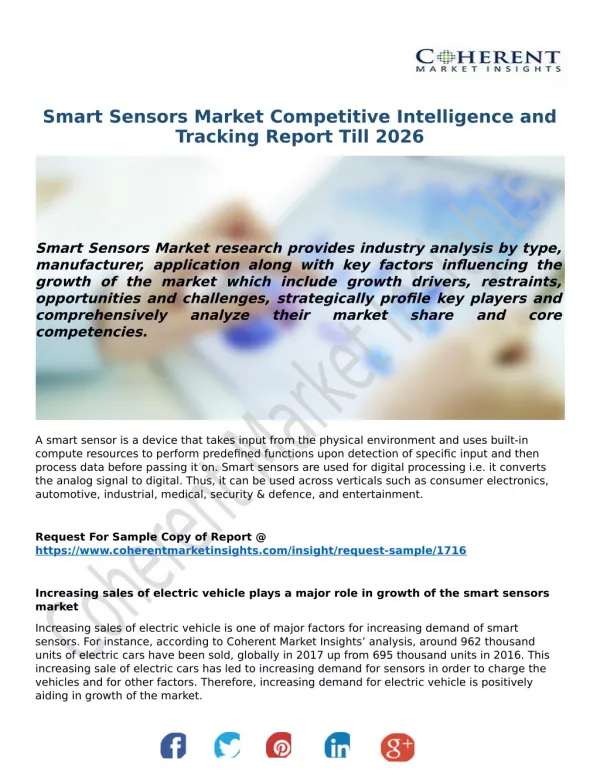 Smart Sensors Market Growth Till, 2018-2026 : Coherent Market Insights
