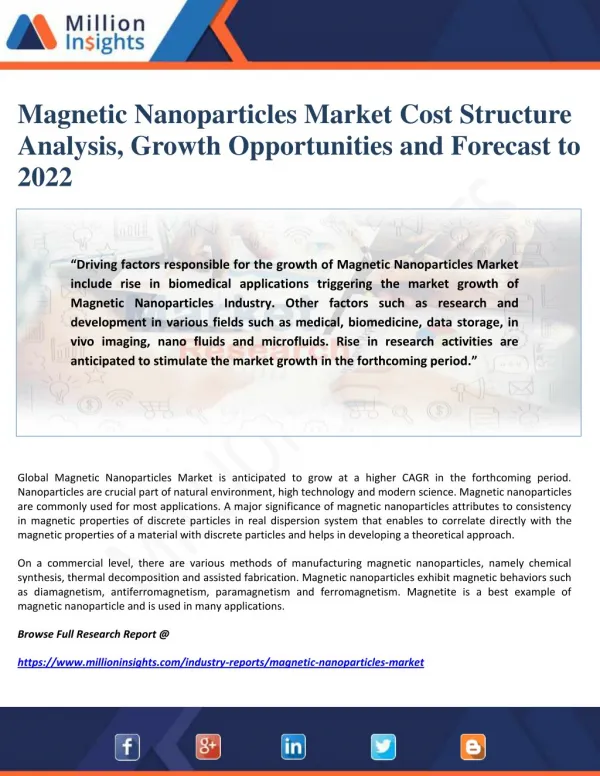 Magnetic Nanoparticles Market Cost Structure Analysis, Growth Opportunities and Forecast to 2022