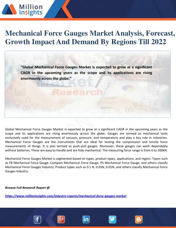 Mechanical Force Gauges Market Analysis, Forecast, Growth Impact And Demand By Regions Till 2022