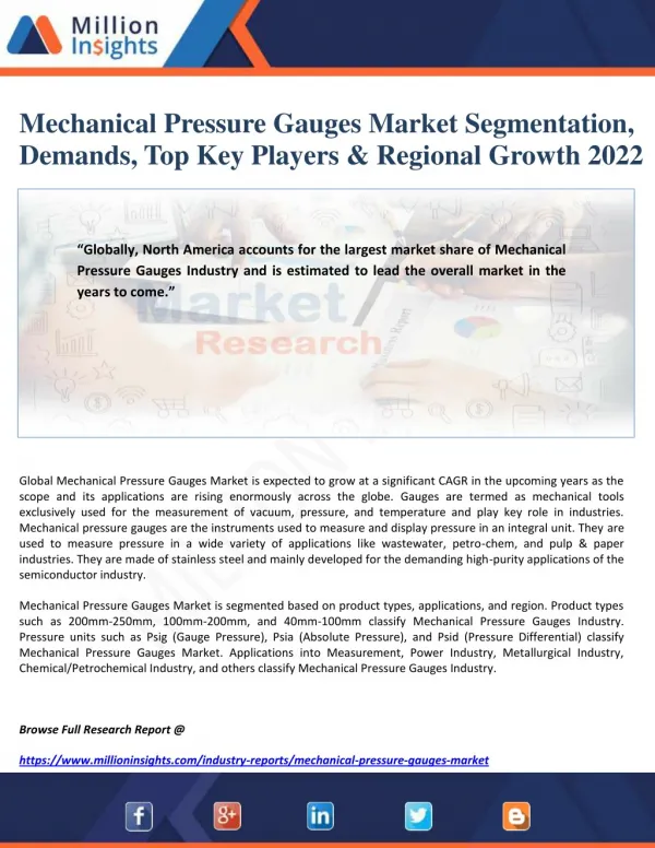 Mechanical Pressure Gauges Market Segmentation, Demands, Top Key Players & Regional Growth 2022