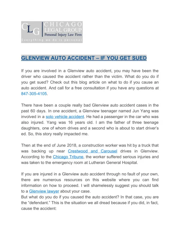 GLENVIEW AUTO ACCIDENT – IF YOU GET SUED