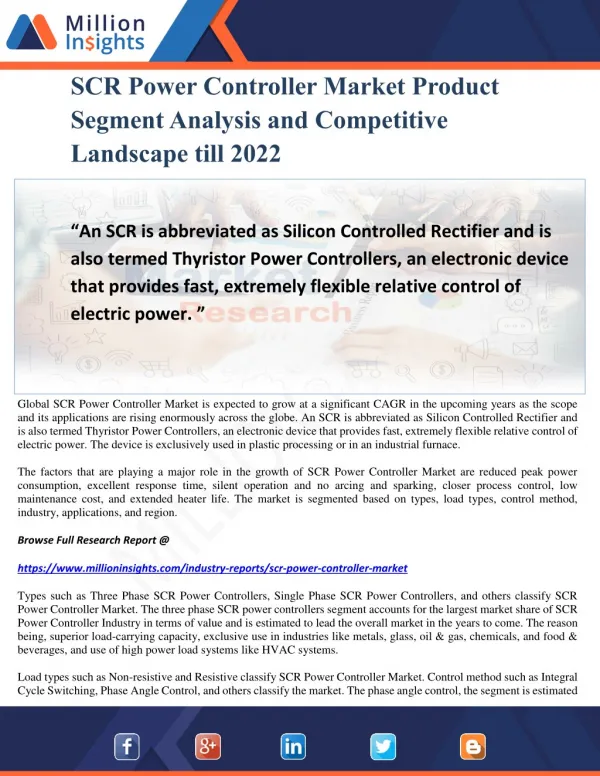 SCR Power Controller Market Product Segment Analysis and Competitive Landscape till 2022