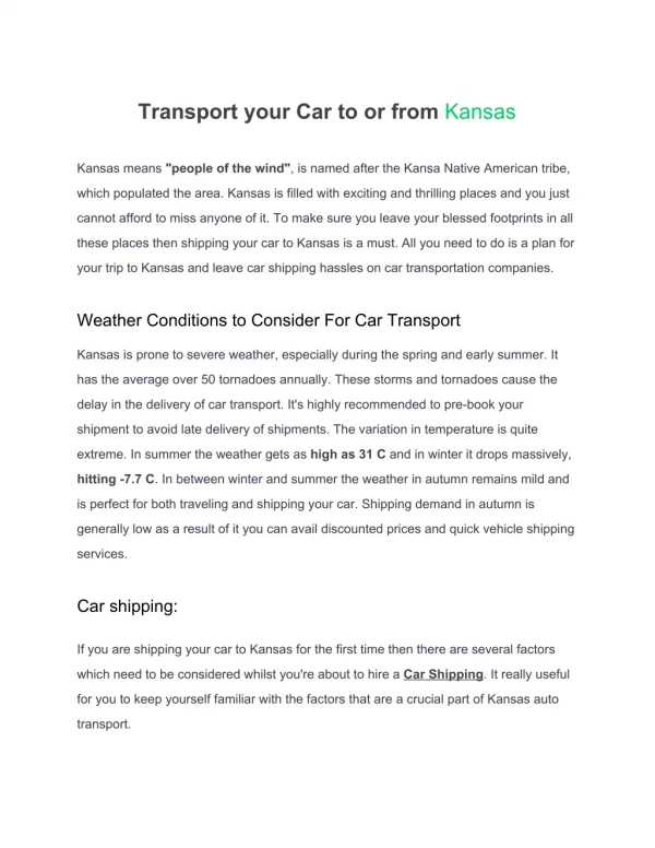 Transport your car to or from kansas