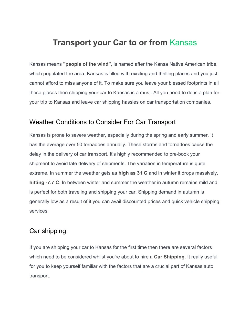 transport your car to or from kansas