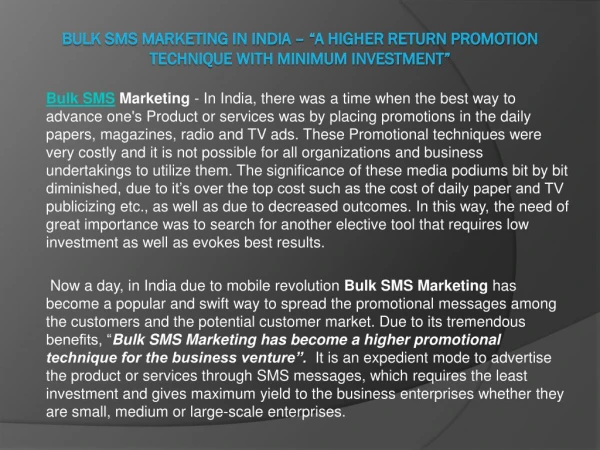 Bulk SMS Marketing in India – A higher Return promotion technique with minimum investment