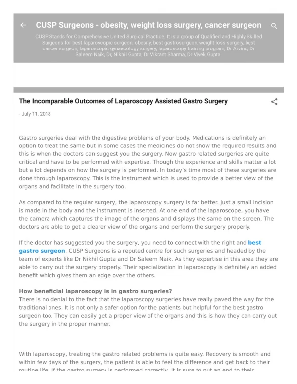 The Incomparable Outcomes of Laparoscopy Assisted Gastro Surgery