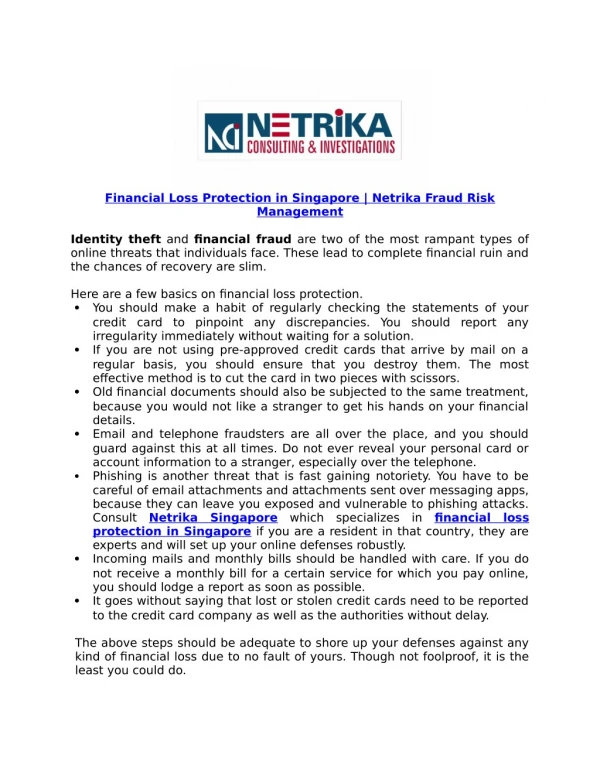 Financial Loss Protection in Singapore | Netrika Fraud Risk Management