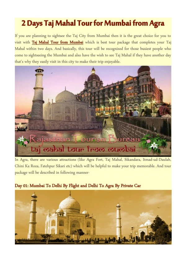 2 Days Taj Mahal Tour for Mumbai from Agra