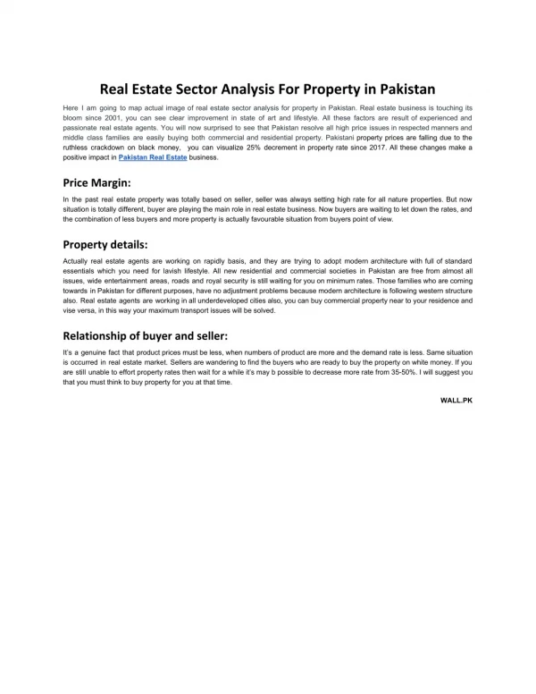 Real Estate Sector Analysis for Property in Pakistan