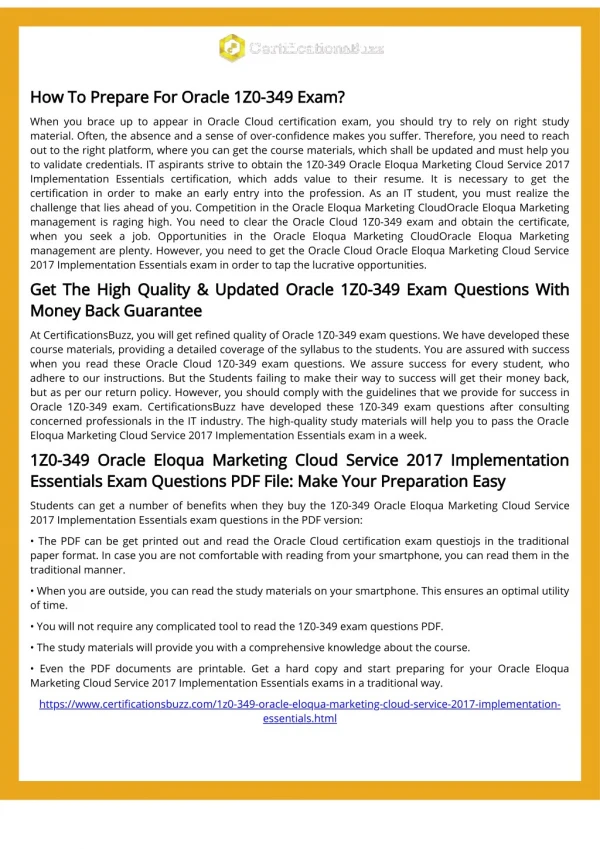 1Z0-349 Exam - Oracle Eloqua Marketing Cloud Exam Questions And Answers