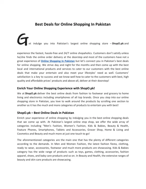 Get Best Deals for Online Shopping In Pakistan
