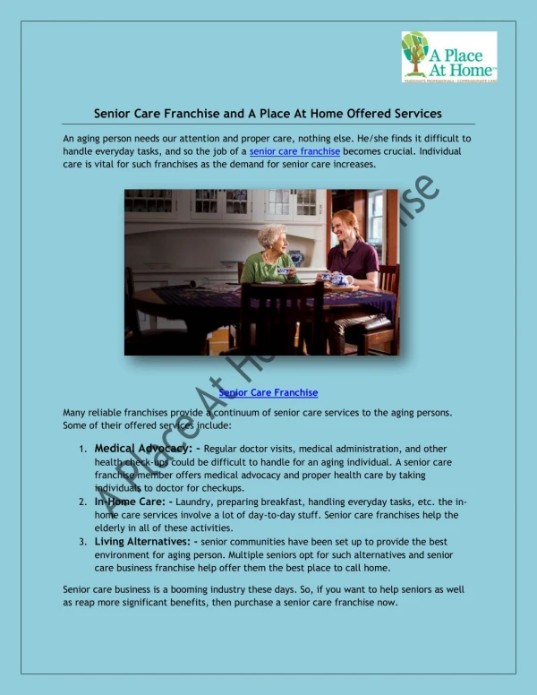 Senior Care Franchise and A Place At Home Offered Services